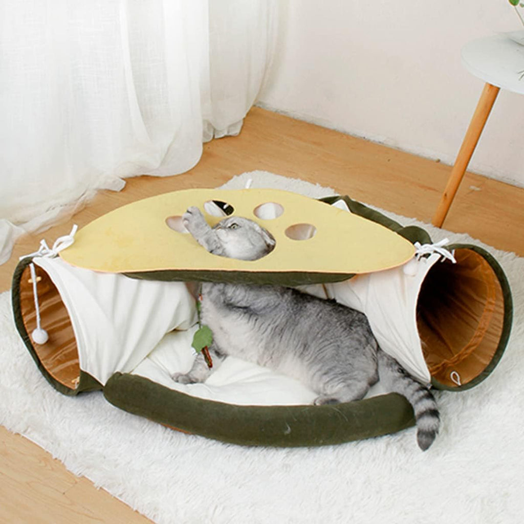 LEFTSTARER 2-in-1 Collapsible Cat Tunnel for Indoor Bed and Hideout - Pet Dog Rabbit Bunny Ferret Tunnel Tubes Toys with Removable Washable Mat, Tower Wheel Stuff