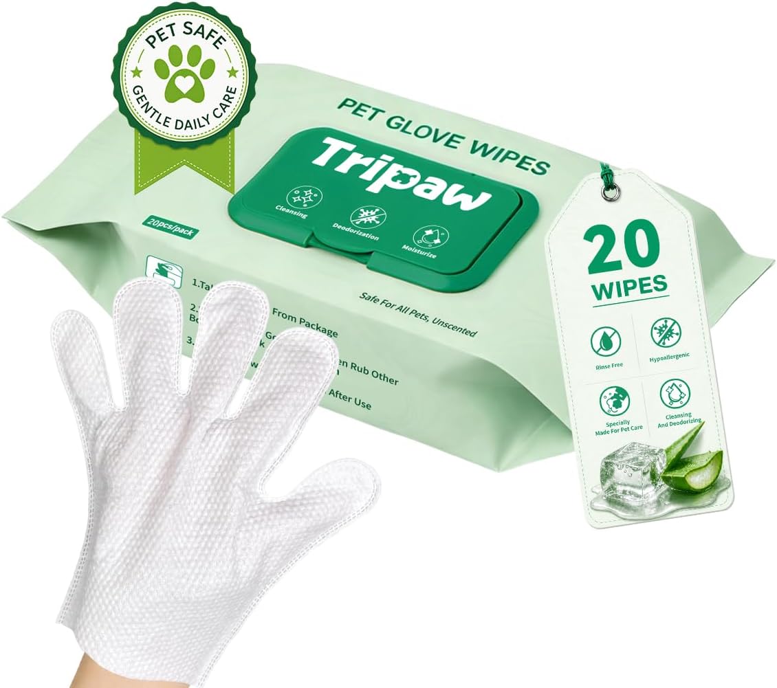Disposable Pet Glove Wipes 20 Count, No‑Rinse Thick Wipes for Dogs&Cats