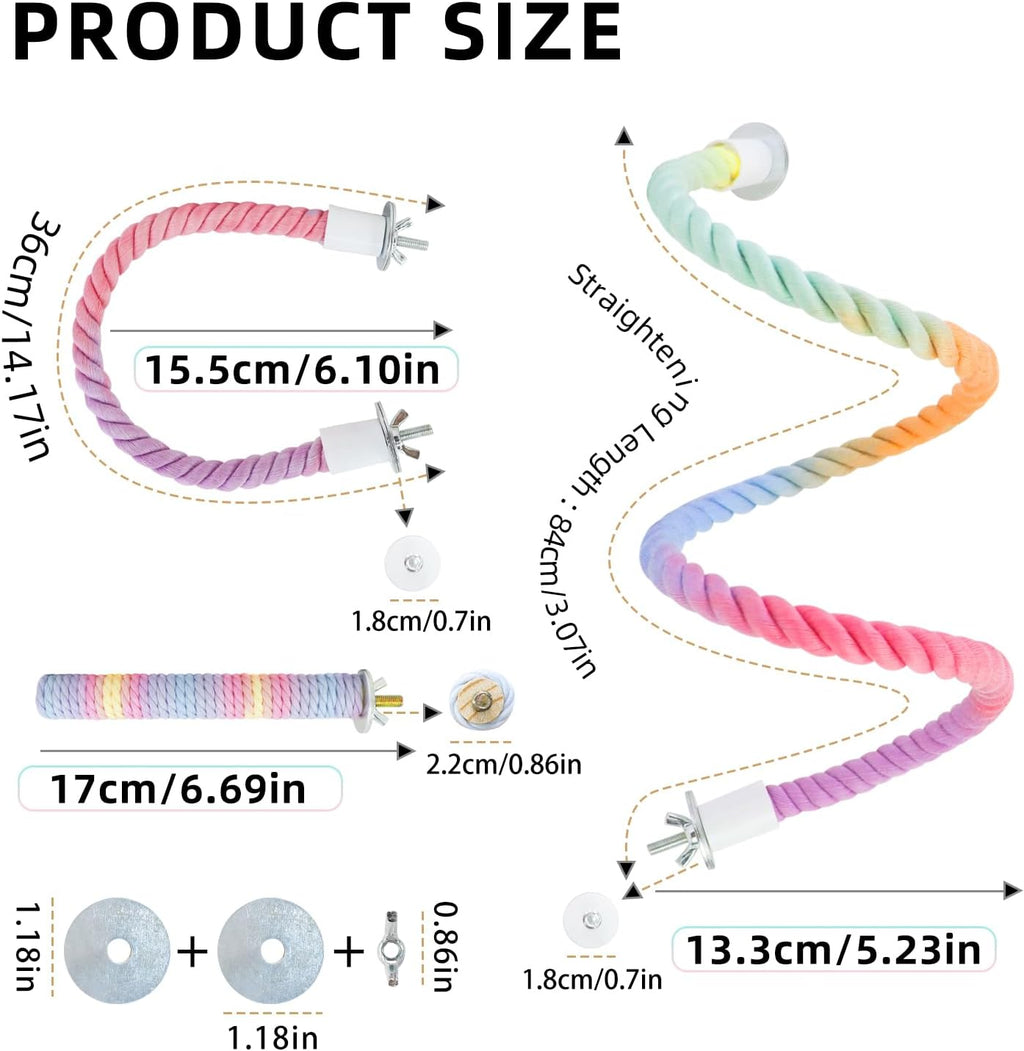 WishLotus Parrot Rope Perch, 31 in Rope Perches for Bird Cages with 2 Small Stand Pole, Flexible Fade Color Perch Rope Swing for Paw Grinding Standing Climbing (A, 31 in+6.6 in)