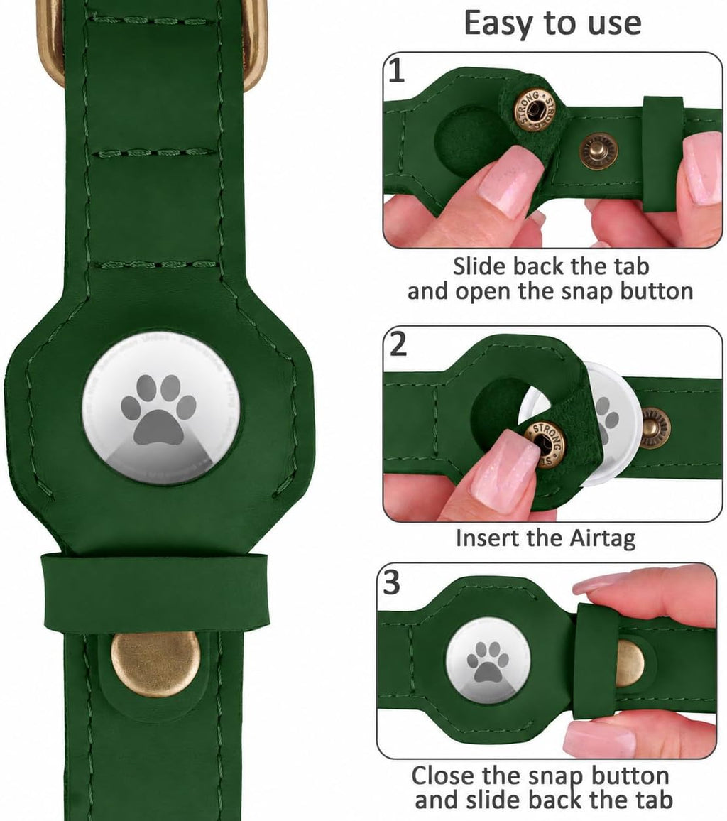 Dog Collar with AirTag Holder - Genuine Leather Dog Collar with Metal Buckle and Compatible with Air Tag - Smart GPS Tracking Pet Collars (Dark Green, S, 12"-15" Neck Fit)