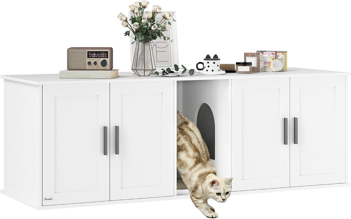 PawHut Cat Litter Box Enclosure for 2 Cats, Hidden Litter Box Furniture with Double Room, Scratching Mat, Kitty Washroom Furniture, 57" x 19" x 20", White