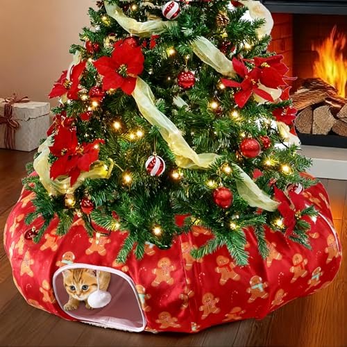 Cinnvoice Christmas Cat Tunnel Bed Fluffy Circular Dog Bed for Christmas Tree Warm Gingerbread Man Cat Cave with Hanging Ball Big Tube Playground Pet Toys for Indoor Kitten Puppy Rabbit Ferret
