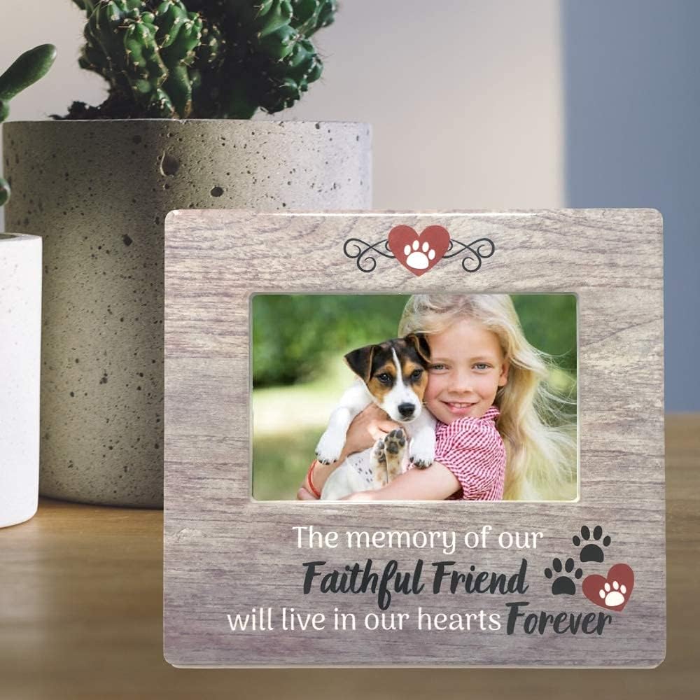 Dog Memorial Picture Frame for Loss of Pet – Pawprints & Hearts Pet Remembrance Frame - Sympathy Quote – “The Memory of Our Faithful Friend Will Live in Our Hearts Forever” – 4x6 Photo - 7.25 x 8 Inch