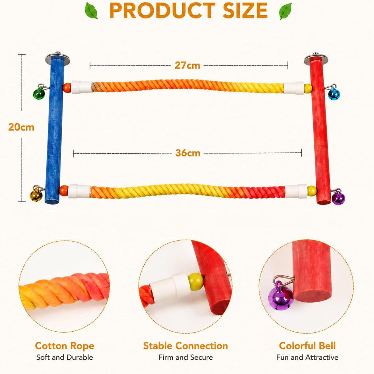 Bird Rope Perch for Cage, Climbing Perch with Bells, Long Activity Stand for Cockatiels, Conures, Parakeets and Budgies, Bird Cage Accessories for Climbing, Standing and Playing