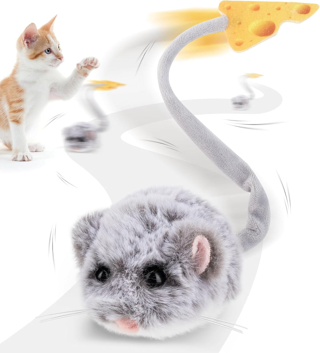 Migipaws Interactive MigiMouse Cat Toy 360° Rolling & Spin with Mesh Plastic Tail for Indoor Cats Smart Motion Sensor, Realistic Squeak, Rechargeable Plush Kitten Toy(Brown Long)