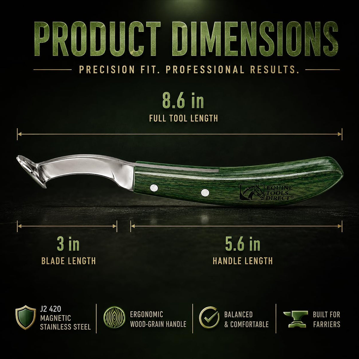 Right-Hand Straight Blade Hoof Knife, Green Handle