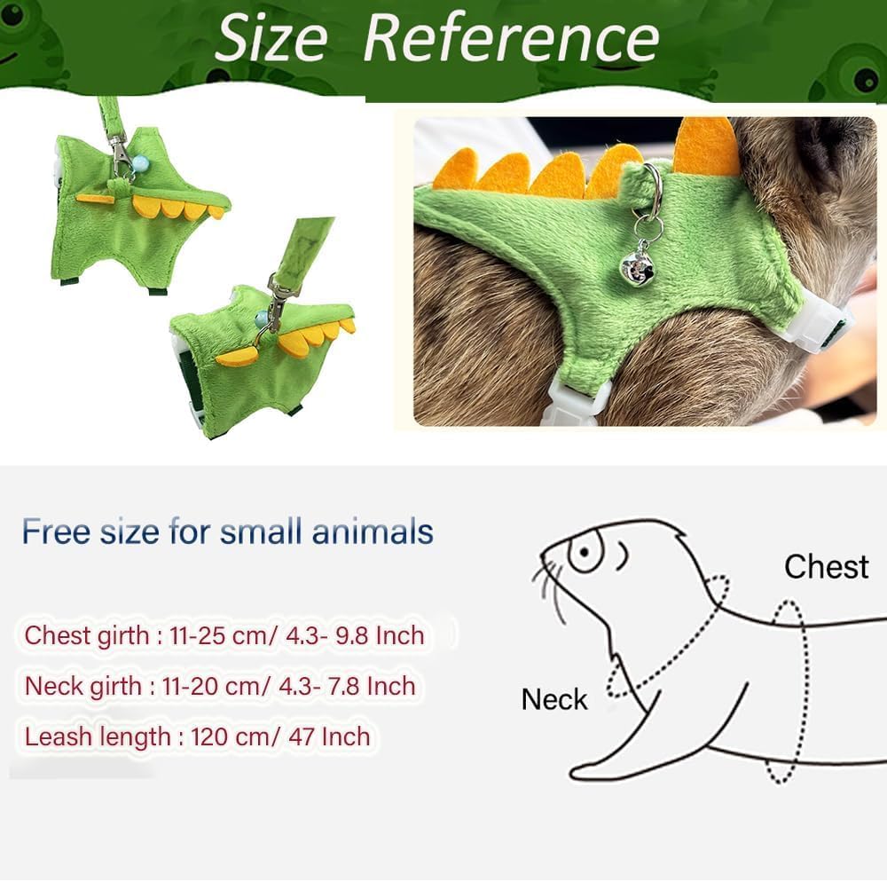 Adjustable Dinosaur Plush Harness & Leash Set, Soft No?Restriction Vest with Safety Bell, Escape?Proof Walking Leash for Ferret, Guinea Pig, Rabbit, Kitten, Puppy (Dinosaur-Green)