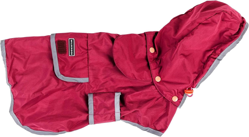 Wilderdog Dog Jacket Waterproof Raincoat with Breathable Interior, Removable Hood, Torso Strap, Secure Closures, Back Pocket and Two Hanging Loops, Foldable into Back Pocket