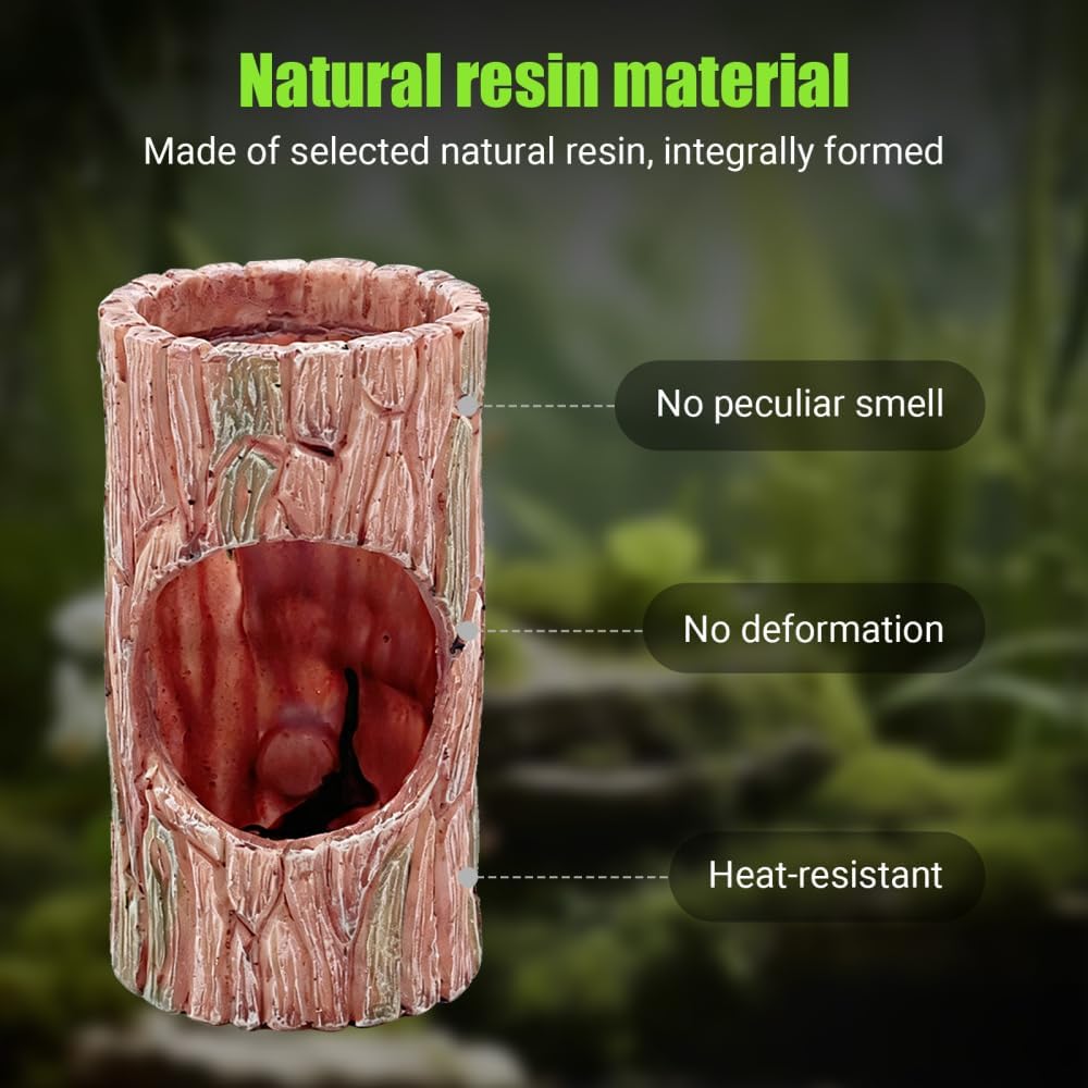 Reptile Hideout Cave, Resin Tree Trunk Shape Lizard Hide Habitat with Suction Cups Terrarium Decor for Gecko Lizards Tree Frogs Fish