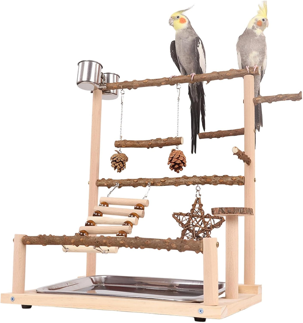 Bird Playground Parrot Perch Play Stand, Natural Wood Parakeet Playstand Cockatiel Toys, Budgie Play Gym & Cage Accessories - Removable Stainless Steel Tray, 2 Feeder Cups, Ladders & Swings