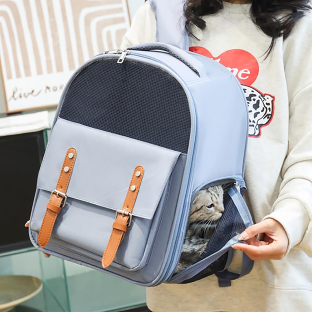 Cat Backpack Carrier Breathable Pet Travel Backpack Double Shoulder Pet Bag for Cats Small Dogs (Blue, 12.6‘’L × 9.9''W ×15.4''H)