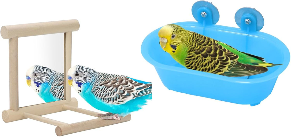 Wontee Bird Bath Parrot Bathing Tub Bird Mirror with Perch Toys for Budgies Parakeets Cockatiels Lovebirds Finches Canaries (Blue (B))