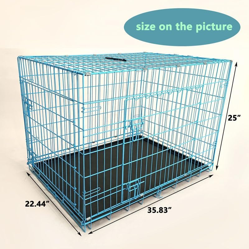 36-Inch Folding Metal Dog Crate for Medium and Small Breeds – Double-Door Kennel with Divider, Removable Tray, and Carry Handle – Ideal for Indoor and Outdoor Use (Blue, 36" L x 22" W x 25" H)