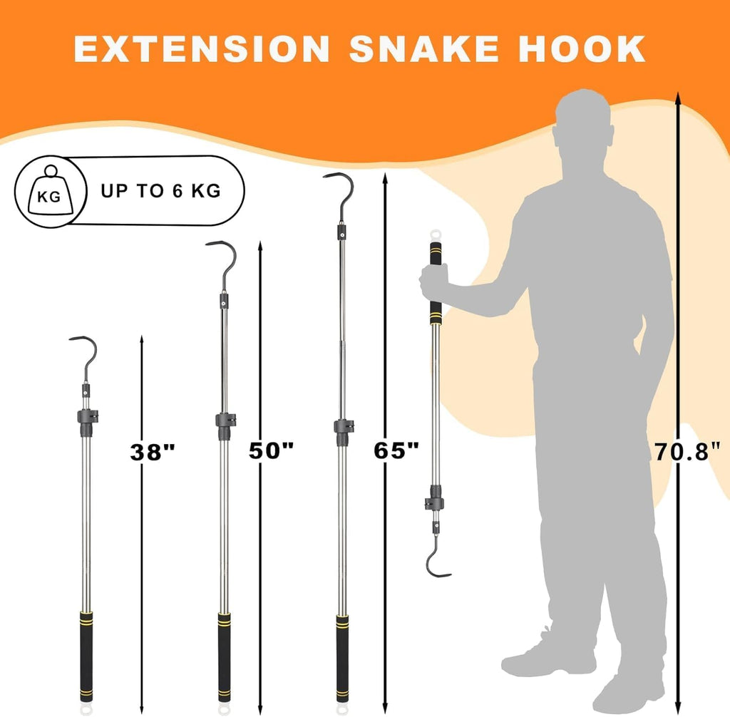 Snake Hooks, Stainless Steel Snake Hook Extendable Handled Desigh for Removling Large or Small Snakes and Reptiles Rattlesnakes Python Copperhead Stainless Steel Handle 35"-65"