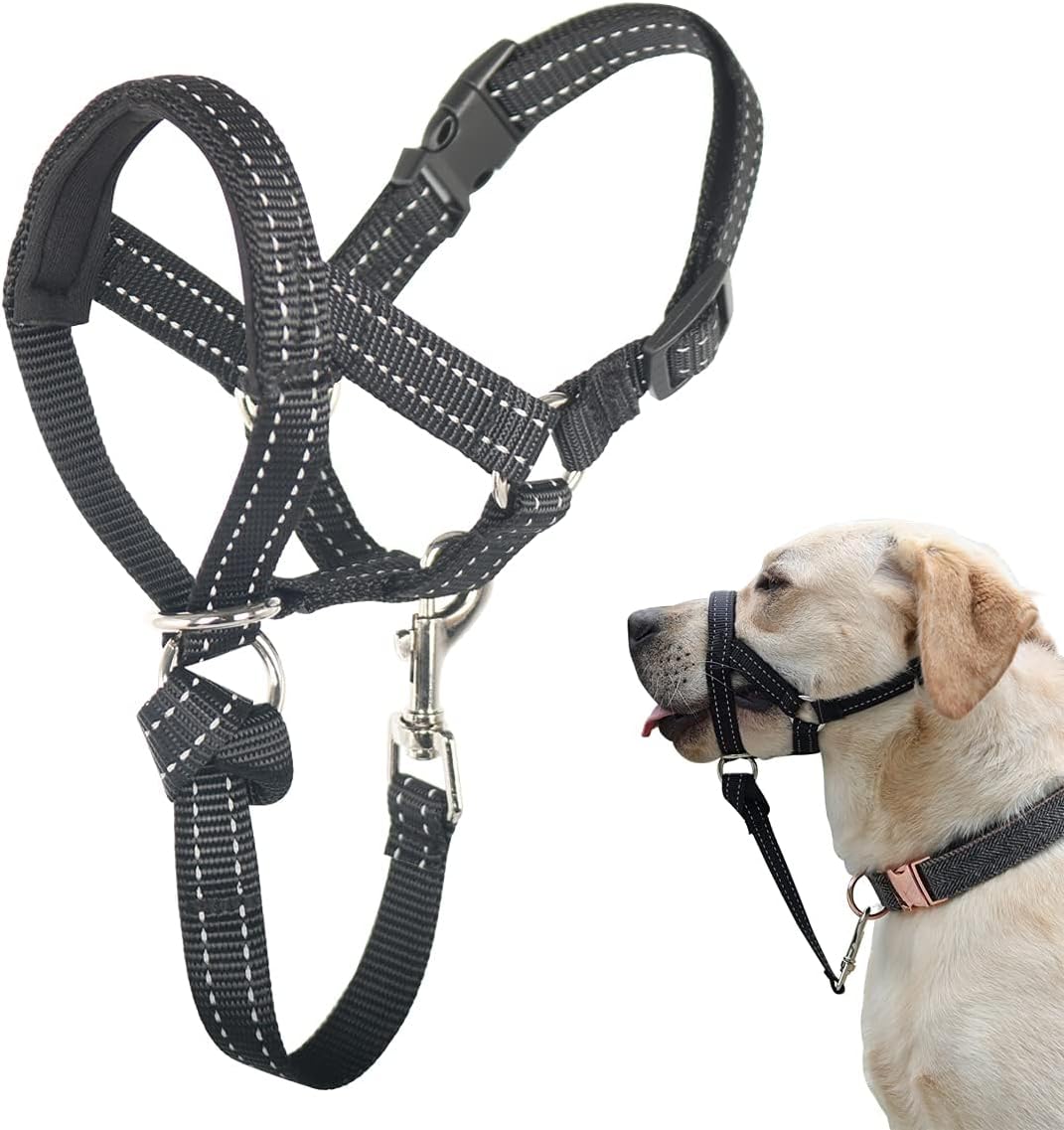 XL Reflective Head Collar and XL Adjustable No Pull Muzzle Leash Bundle for Large Dogs, Effective Dog Training Tools to Easy Control on Walks