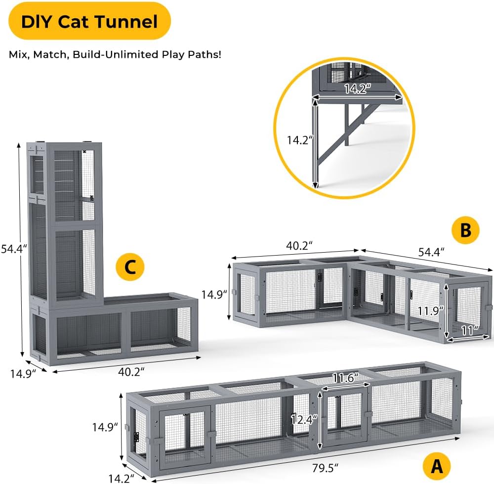 COZIWOW Wall Mounted 2-Pack Cat Tunnel Solid Pine Wall Cat Play Furniture