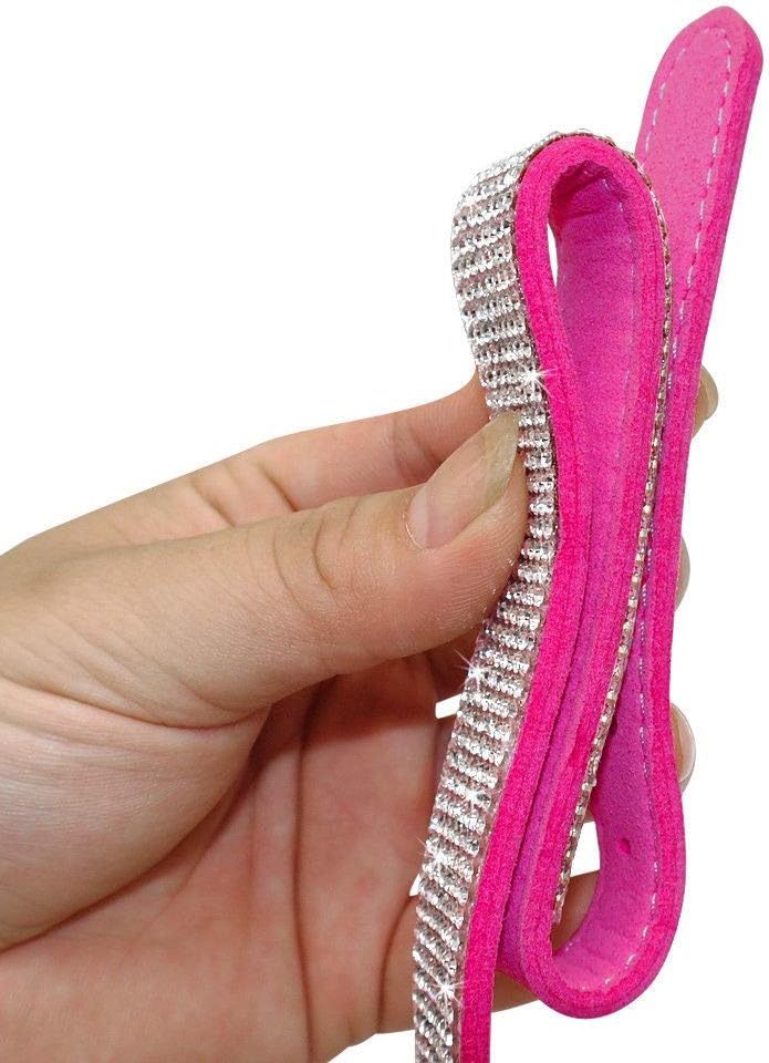 Cute Dazzling Sparkling Elegant Fancy Soft Suede Leather Bling Rhinestone Crystal Jeweled Pet Cat Dog Puppy Collar Dog Leash Combo Set (XXS(Neck 6-8"), Pink)