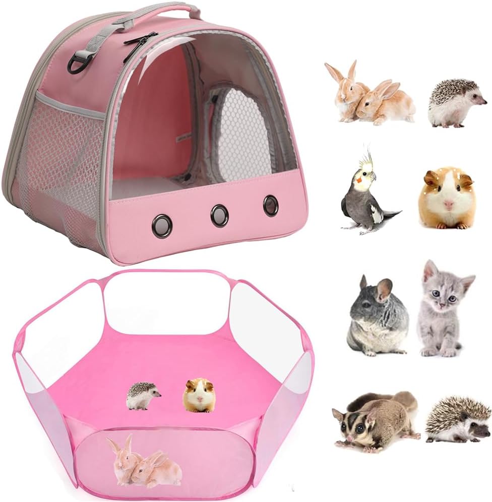 2-Pack Guinea Pig Carrier Backpack and Playpen Set - Breathable Pet Playpen Pop Open Outdoor/Indoor Exercise Fence, Portable Small Animal Backpack for Bearded Dragon, Rabbits, Hamster, Chinchillas