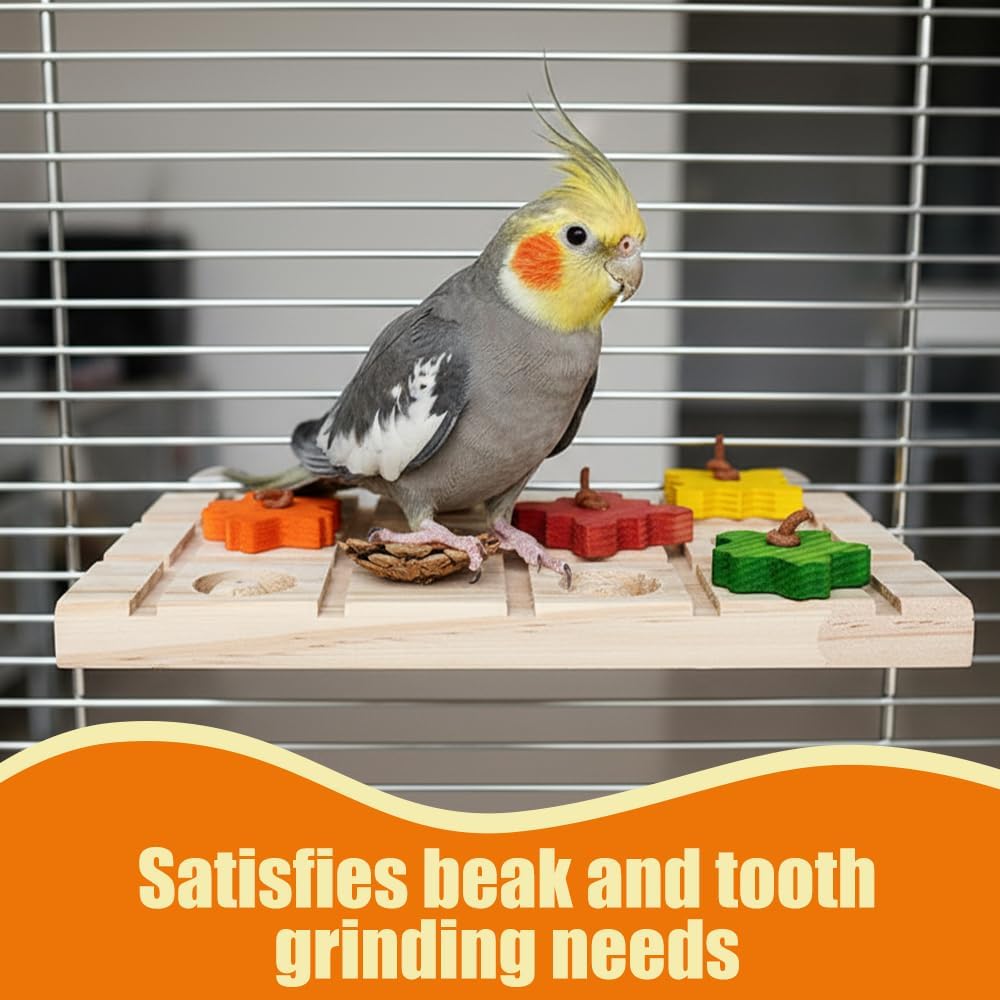 Bird Foraging Puzzle, Wooden Parrot Grinding Platform with Pine Cones, Interactive Birds Enrichment Puzzle for Small-Medium Parrots & Small Animals