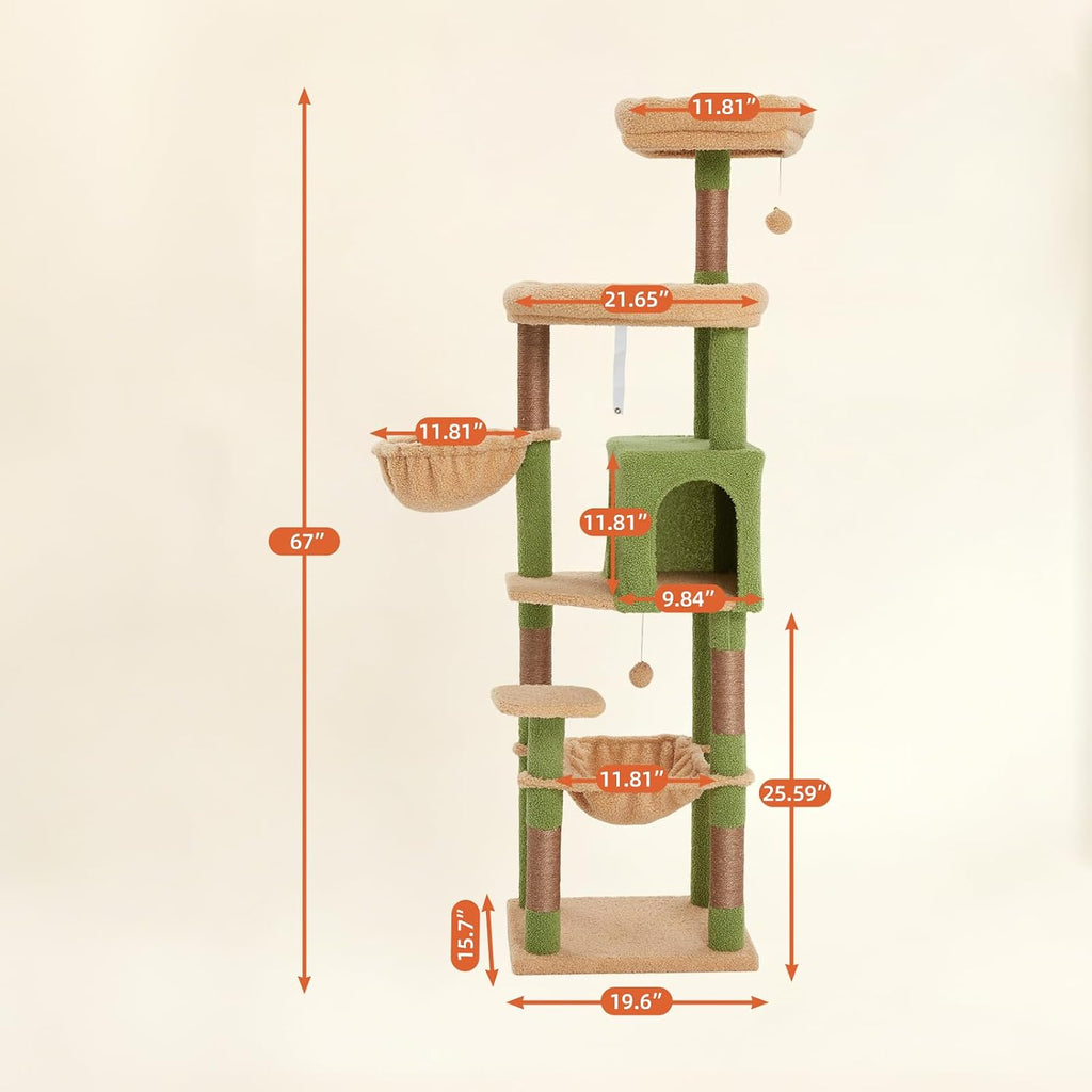 67-Inch Cat Tree with Bed, Hammock, Observation Deck, Plush Platform & Toy Ball for Indoor Cats (Green + Yellow)