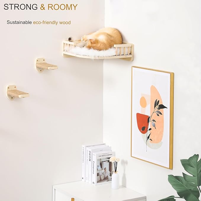 Cat Wall Shelves with 3 Steps Scratch Post, Climbing Shelf and Hammock - Image 4