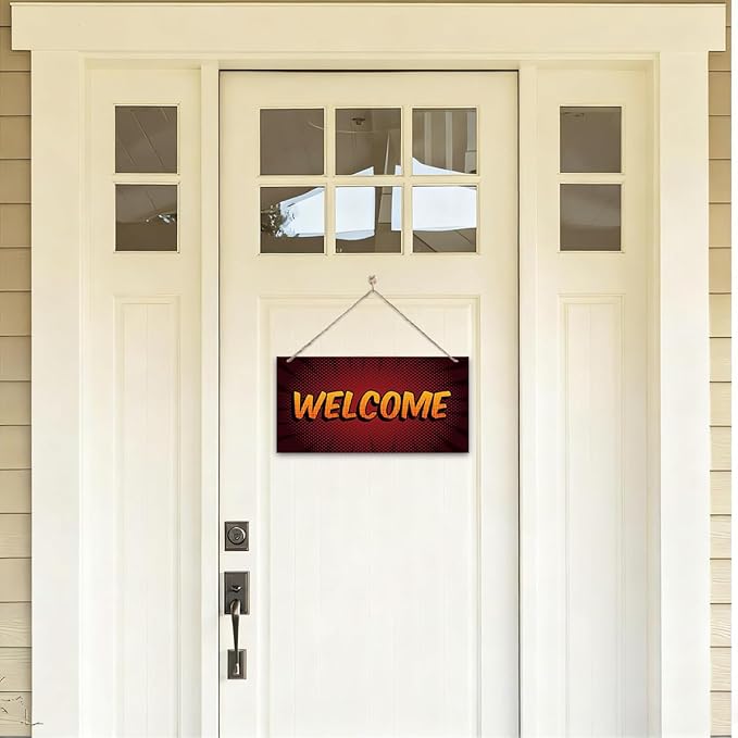 Welcome Sign for Front Door, Front Door Wooden Hanging Sign, Comic Style - Image 4