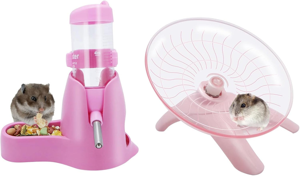 Wontee Hamster Water Bottle Water Dispenser Hamster Silent Exercise Running Wheel for Dwarf Hamsters Gerbil Mice (Pink, 80ML)