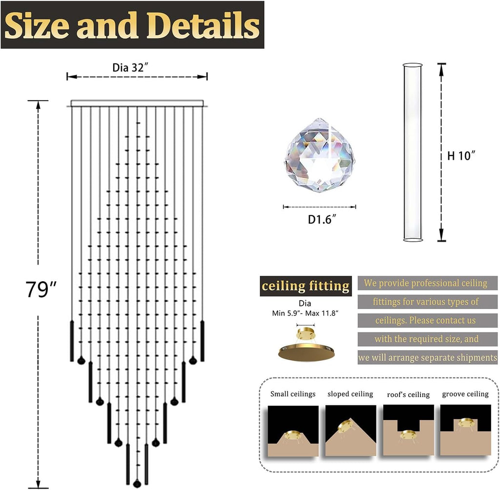 Flashing God D32''X H79'' Extra Large Chandeliers for High Ceilings Square Crystal Raindrop Gold Chandeliers Large Villa Chandelier Entrance Foyer Ceiling Light LED Dimmable 2700K-6000K