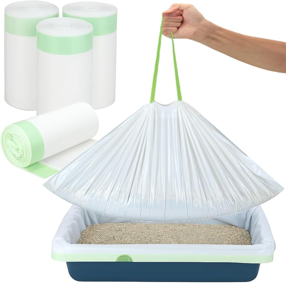 Thickened Extra Large Cat Litter Box Liners 37" x 17", 20 Count Kitty Waste Bags with Drawstring – Heavy Duty Tear-Resistant Waterproof Pre-Separated Cat Litter Pan Liners for Easy Cleanup