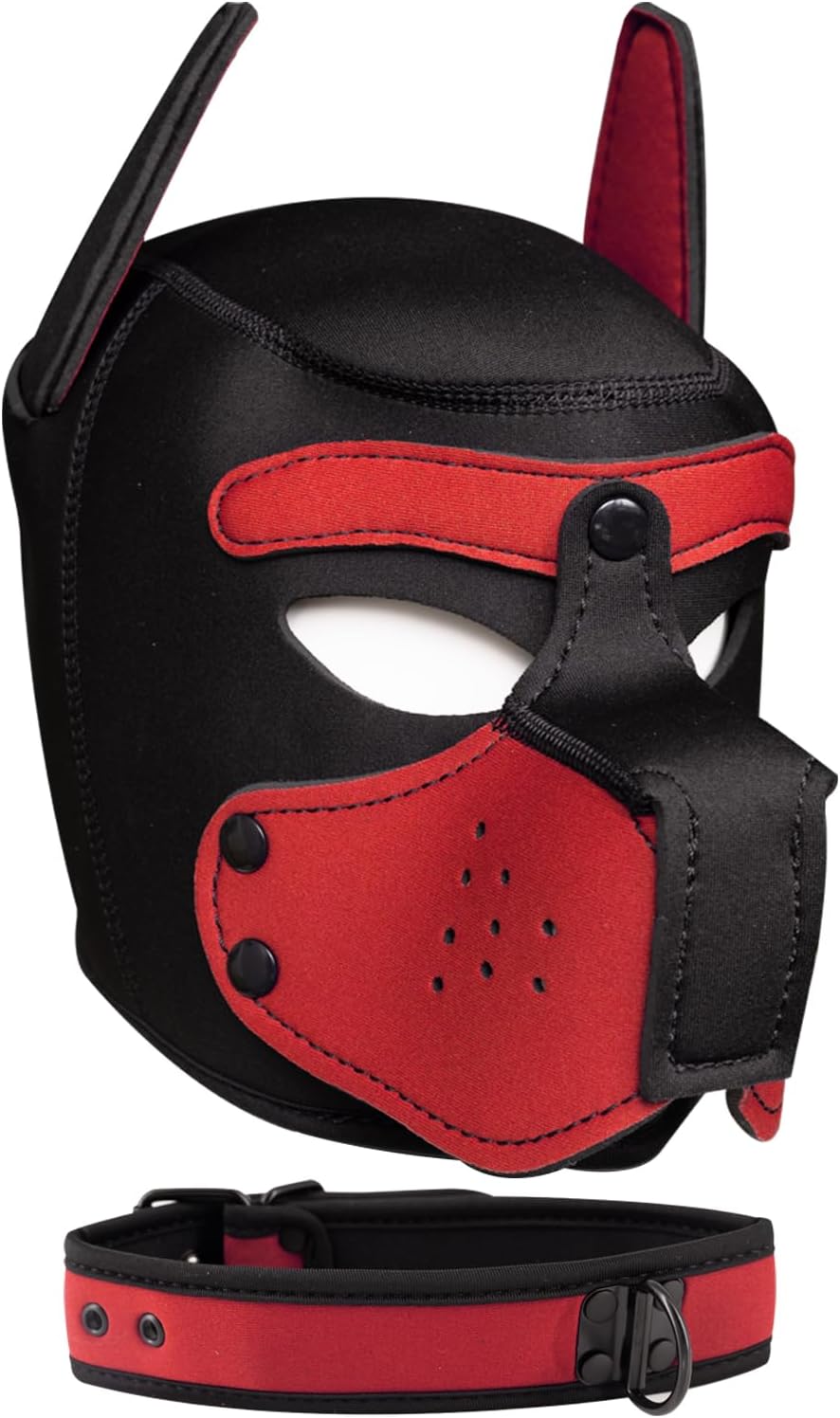 Pup Hood, Neoprene Puppy Mask with Removable Muzzle and Collar, Full Dog Face (9color) (Black-)