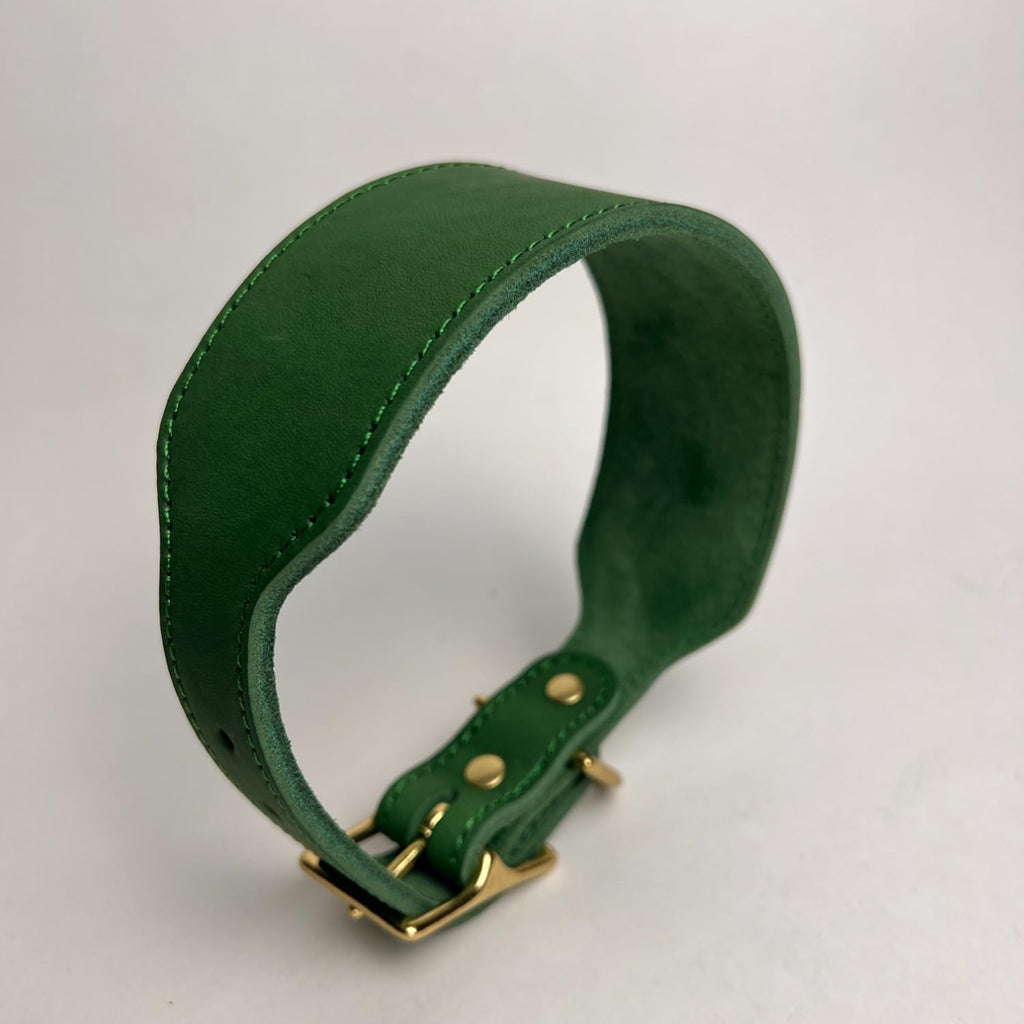 Handmade Greyhound Leather Collar Wide Full Grain Leather Dog Collar with Brass Buckle, Vintage Anti-Pull Whippet & Sighthound Collar for Hounds (Green,L-Neck 35-43cm)