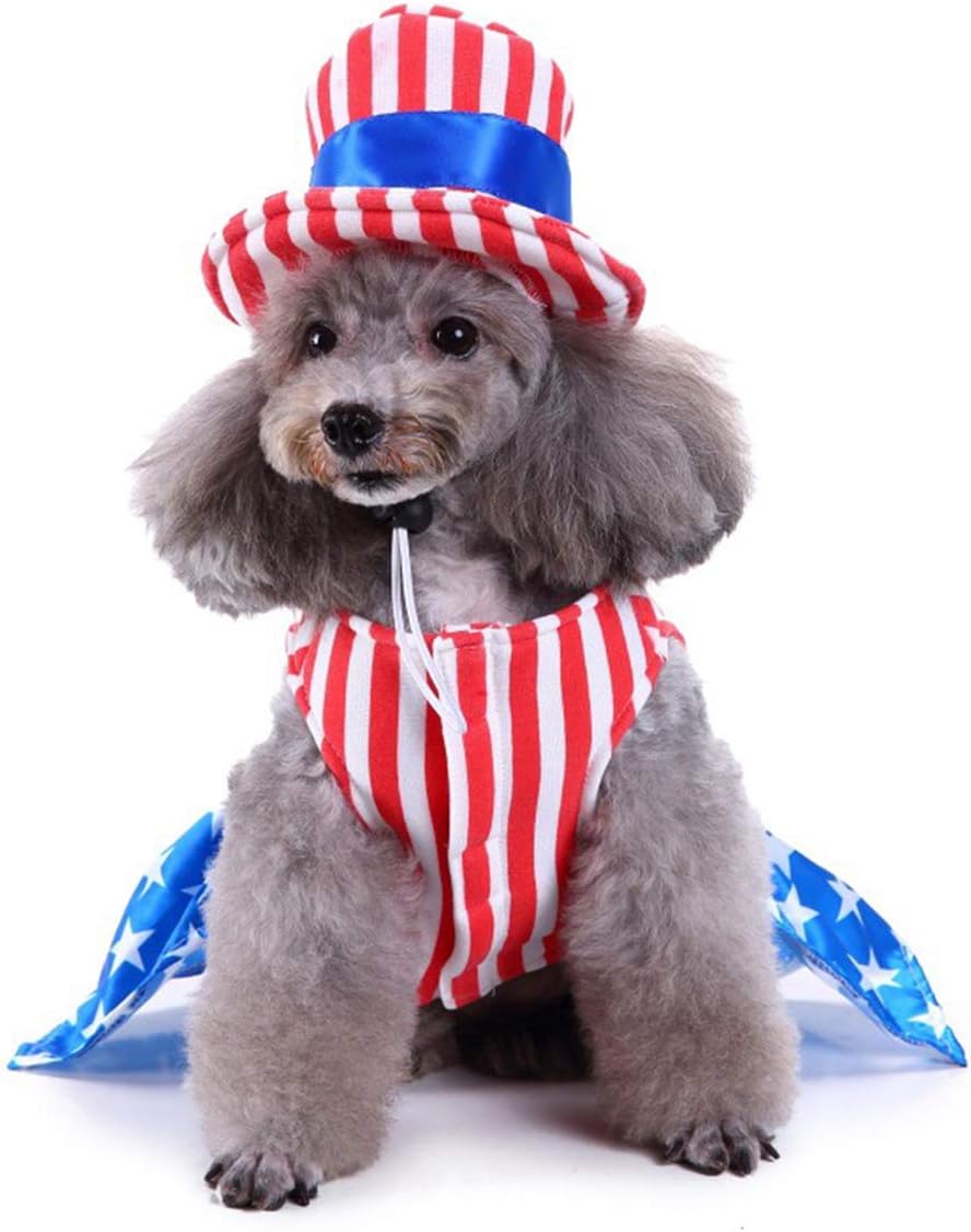 GabeFish Dog 4th of July Dress, Uncle Sam Costume for Pets, Cats Independence Day Clothes Apparel Girl Small