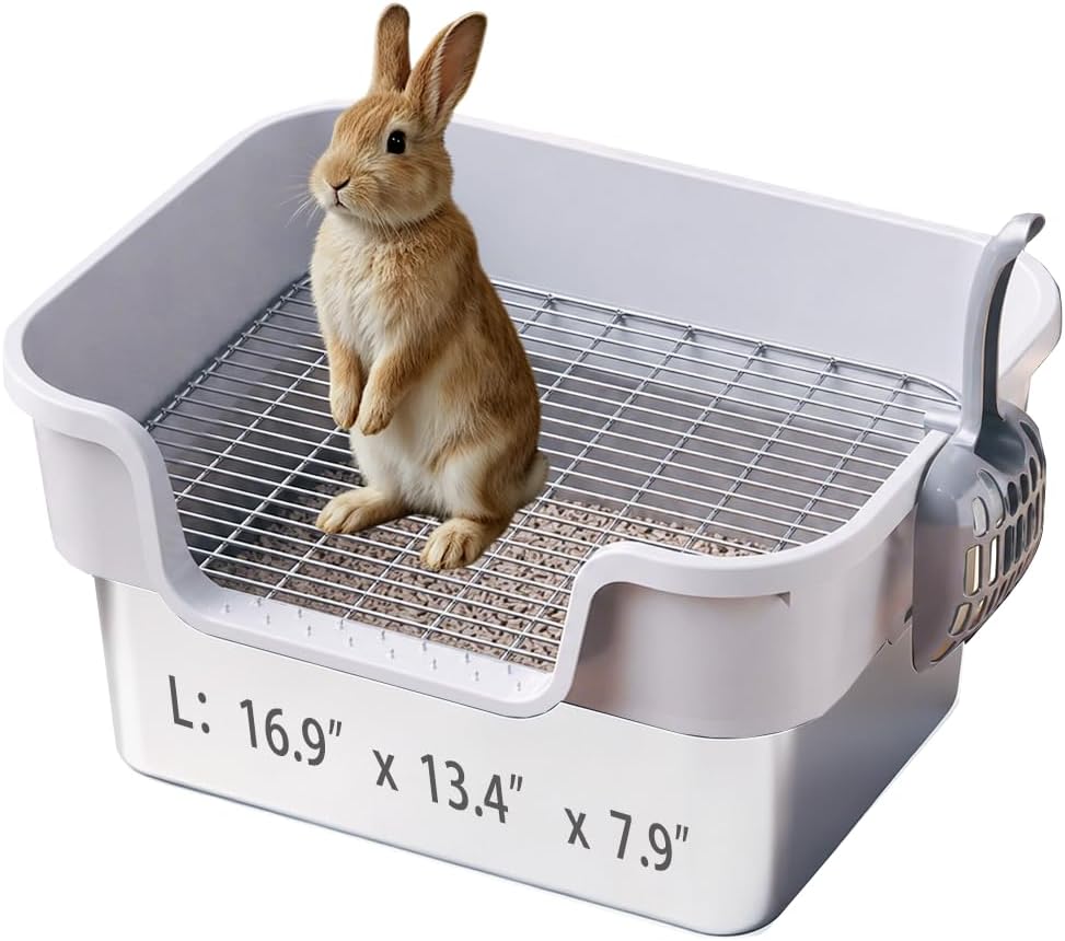 Stainless Steel Rabbit Litter Box with Grid High Side, 17"x13.4"x7.8" Easy Clean Metal Litterbox Pan with Sifting Tray for Small Medium Animals Pets Guinea Pig Kitten Ferret, Gray