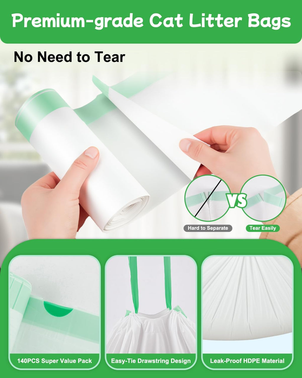 140 Count Cat Litter Bags Liners for Automatic Litter Box, Pre-Separated Easy-Dispense Waste Bags with Drawstring, Heavy Duty Leak-Proof Liners Compatible with Litter-Robot 4/5/3, 25.2"x15.7"