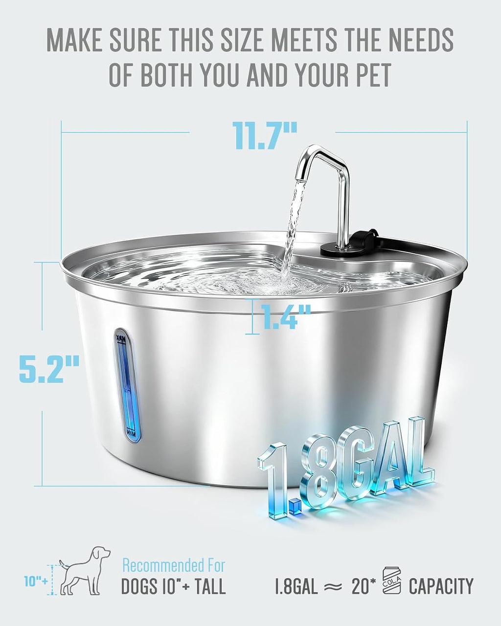 Dog Water Fountain 7L/1.8Gal, 304 Stainless Steel (1fountain+2filters)