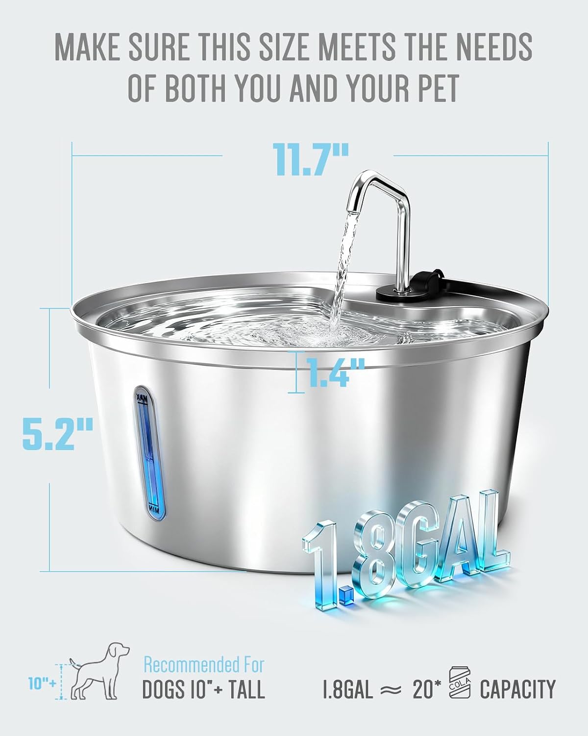 Dog Water Fountain 7L/1.8Gal, 304 Stainless Steel (1fountain+2filters)