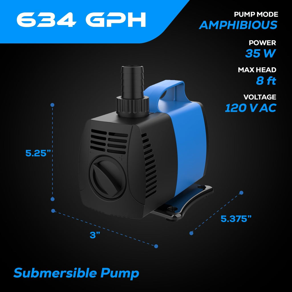 634 GPH Amphibious Submersible and Inline Water Pump - For Aquarium, Pond, Hydroponics, Fountain with Ceramic Shaft, 6.39 ft Lift, 35W
