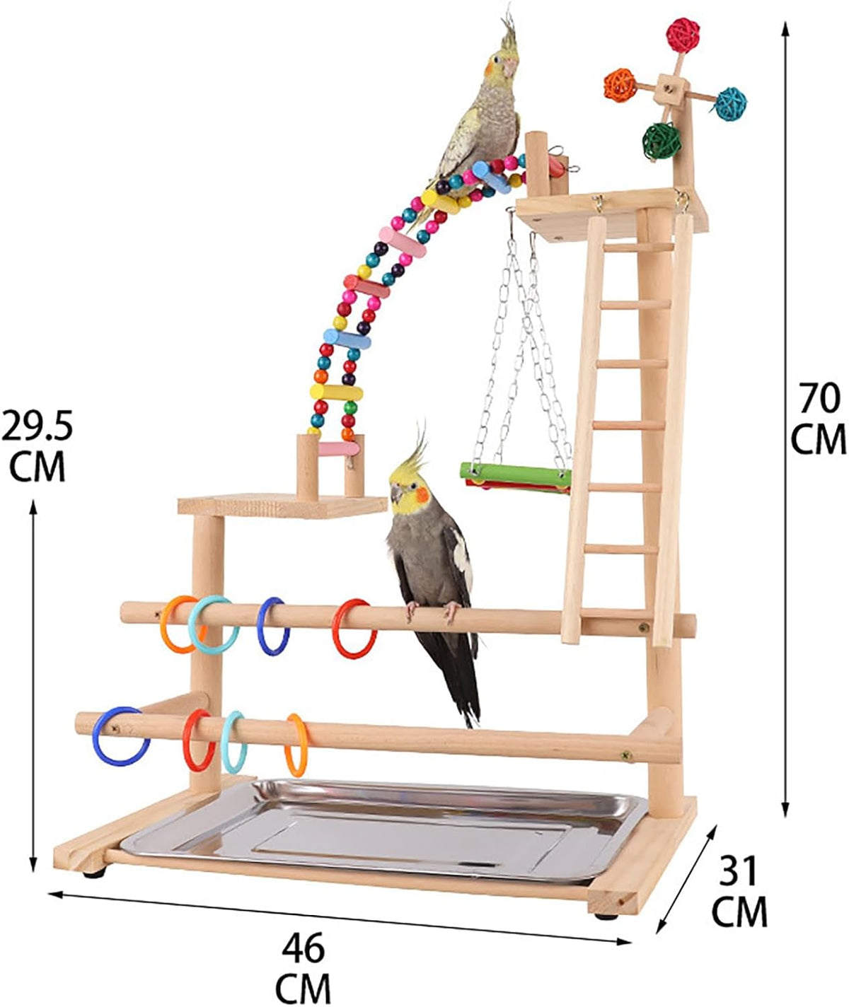 Bird Playground, Parrot Perch Stand, Natural Wood Playstand Play Gym with 2 Perches Stand, Bird Cage Accessories, Parrot Swing for Parakeet Conure Cockatiel Lovebird