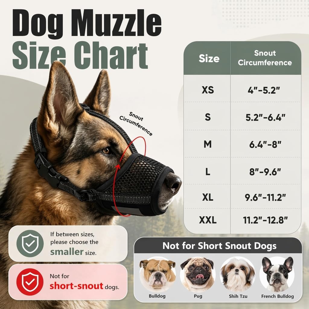 Freezx Muzzle for Dogs, Soft Mesh Breathable Adjustable Reflective Dog Muzzles to Prevents Scavenging Fierce Barking Biting Chewing, Ideal for Grooming Walking Vet Visits Allows Panting and Drinking