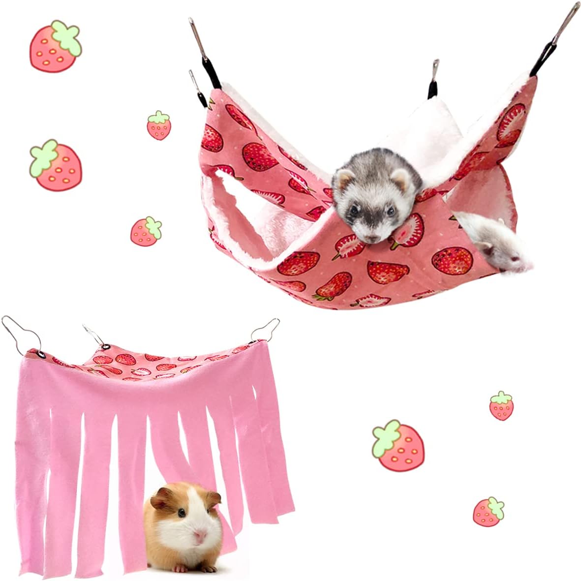 LEFTSTARER Pet Small Animal Hanging Hammock Ferret Bunkbed Hammock Cage Toy for Hamster Rat Sugar Glider Parrot Guinea Pig Hideout Play Sleep (Strawberry Hammock and Corner Hideout)