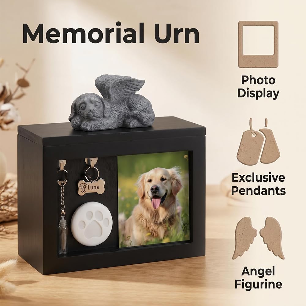 Pet Memorial Shadow Box, Paw Print Clay & Keepsake Bottle with Angel Statue