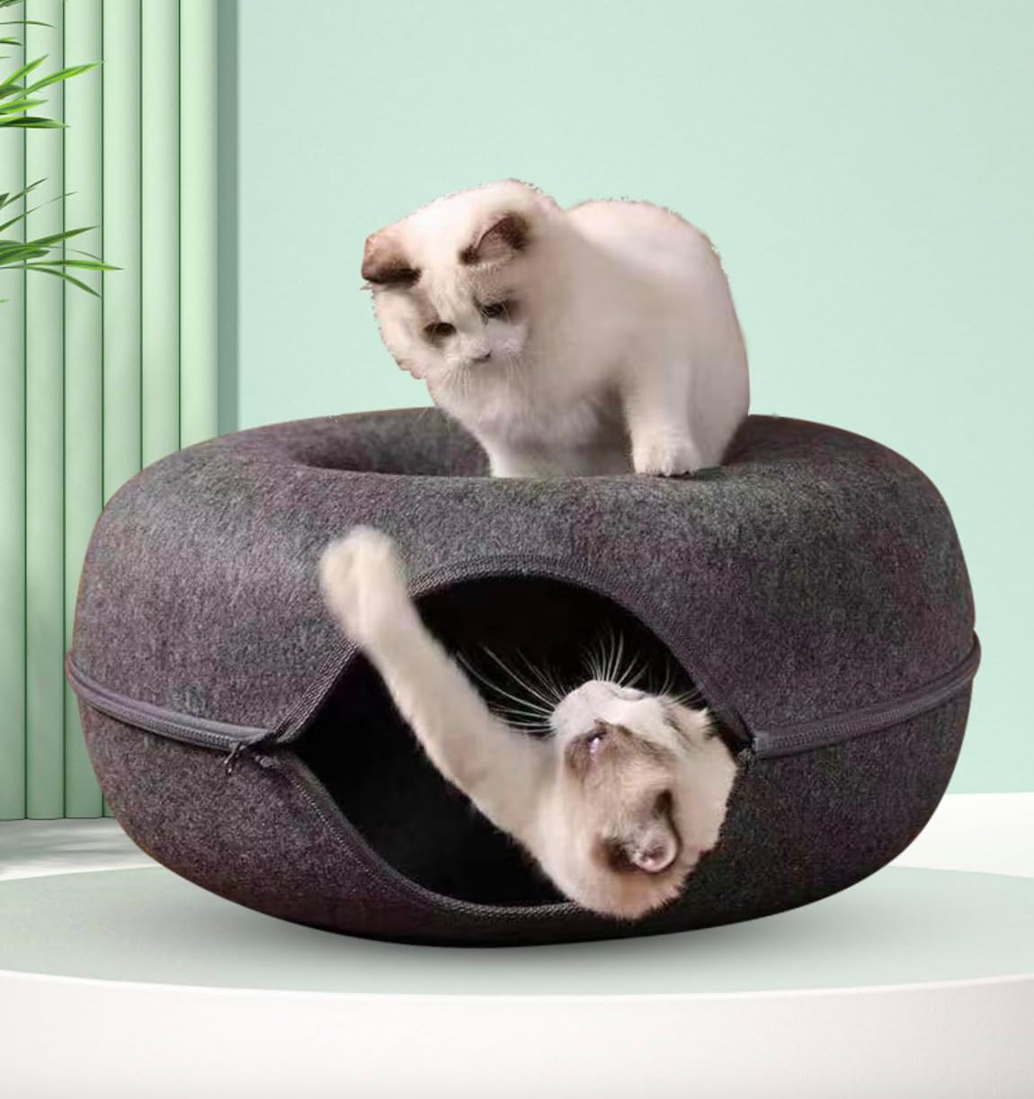 Grey Cat Tunnel & Donut Bed Cave for Indoor Cats – Large Felt Cat Toys Interactive Hideaway, No-Collapse, Scratch-Resistant, Washable Cat House, Cat Enrichment, Bored Indoor Cats & Kittens Gift Toy