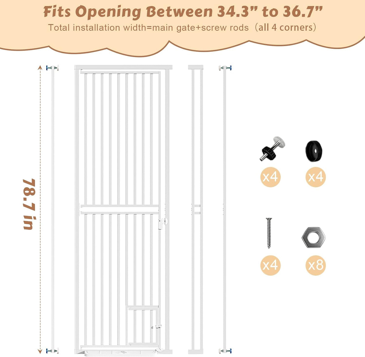 78.7" Extra Tall Pet Gate with Cat Door 27.5"-37.4" Wide Cat Gate