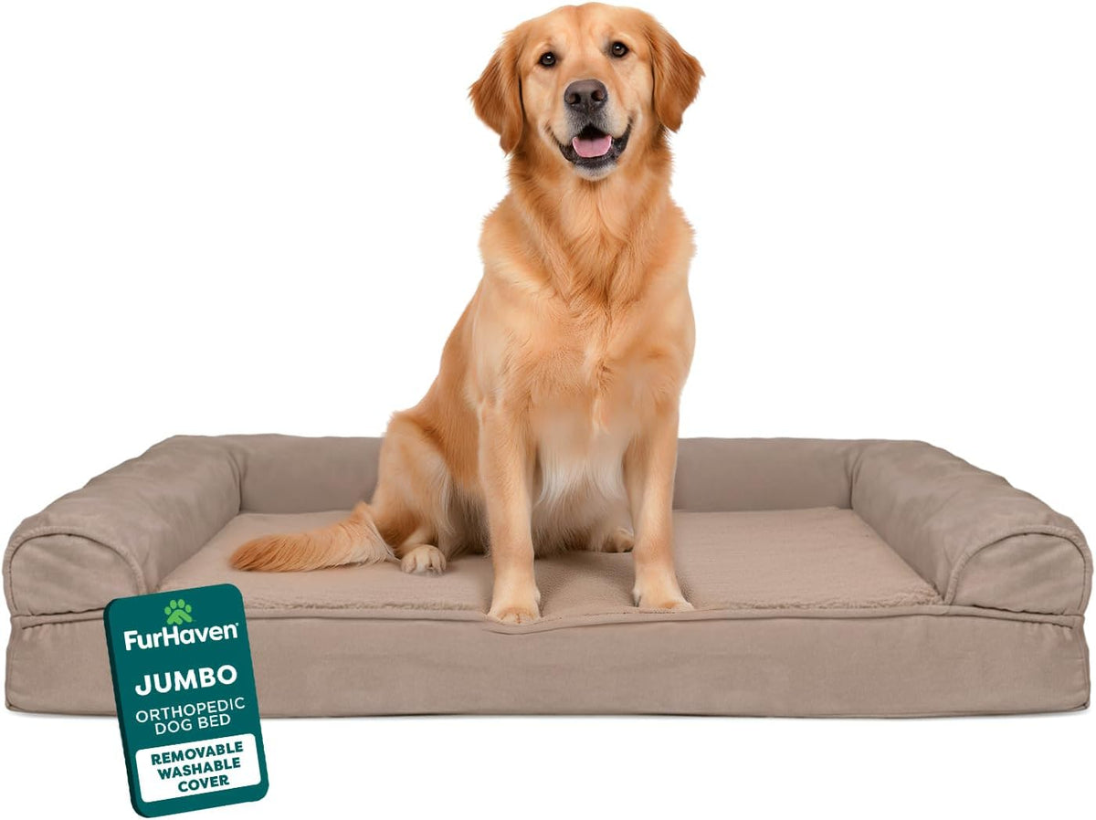 FurHaven Soft, Orthopedic Foam Sofa Dog Bed with Washable & Removable Cover - Sherpa/Chenille - Coffee, Dogs Up to 35 lbs - Medium