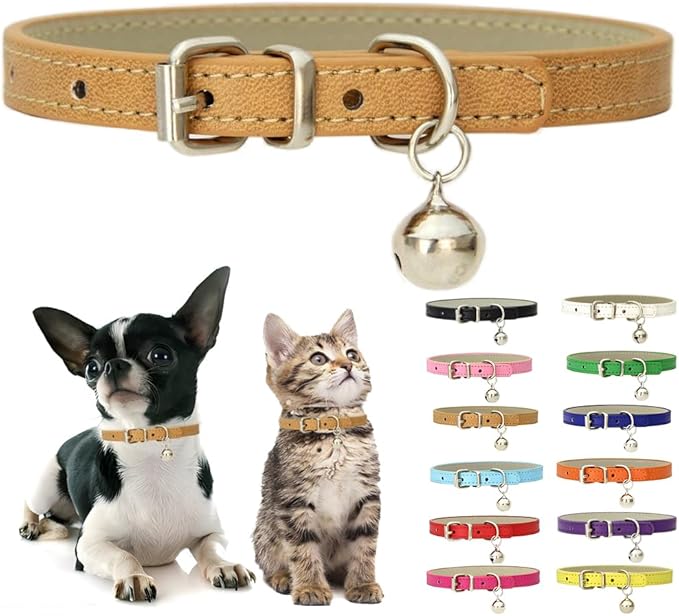 Khaki XXS Dog Collar with Bell, Soft Pu Leather Cat Collars Adjustable Buckle by Weimostar