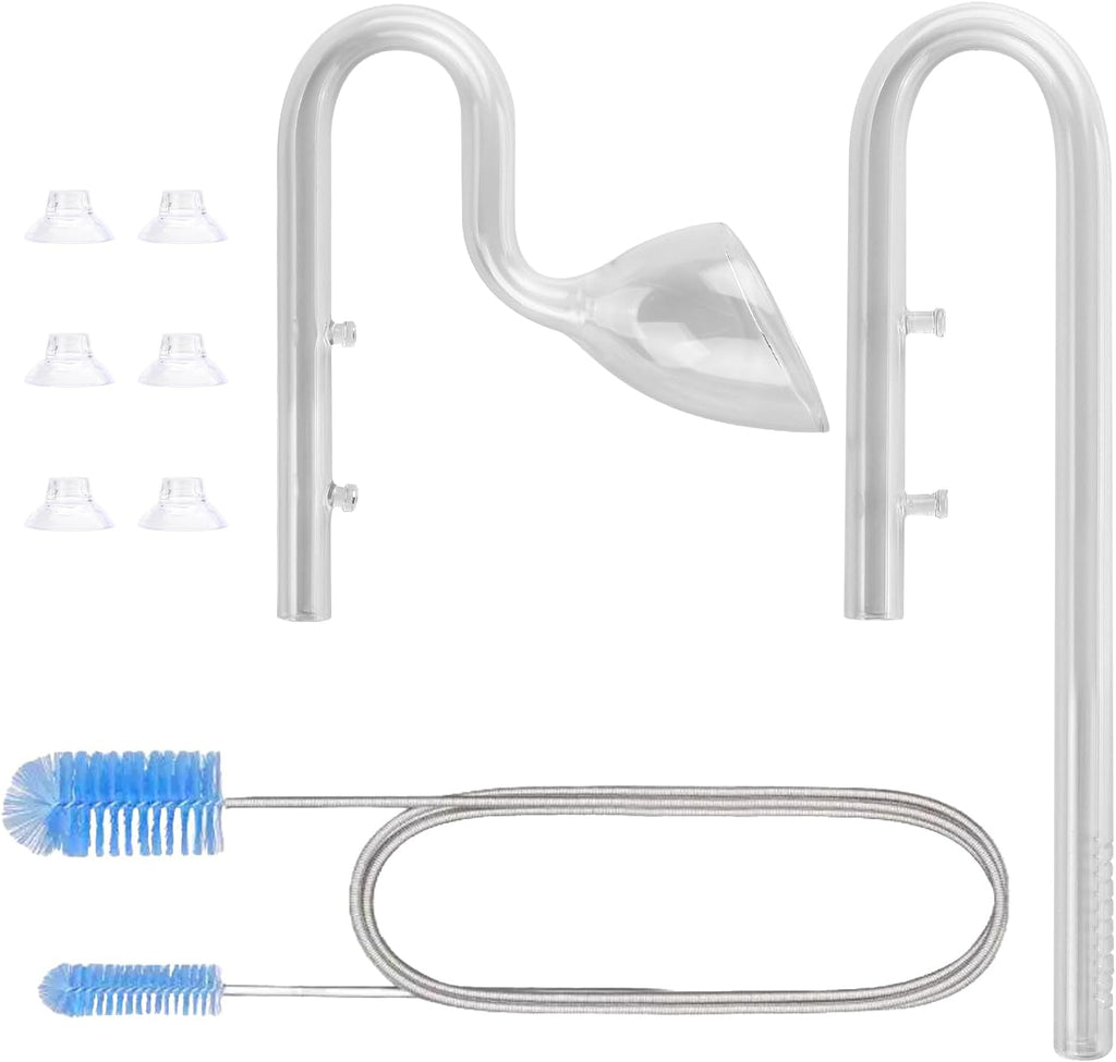 17mm Aquarium Glass Lily Pipe with Inflow, Outflow and Brush & 6 Suction Cups for 5/8" ID (16/22mm) Tubing