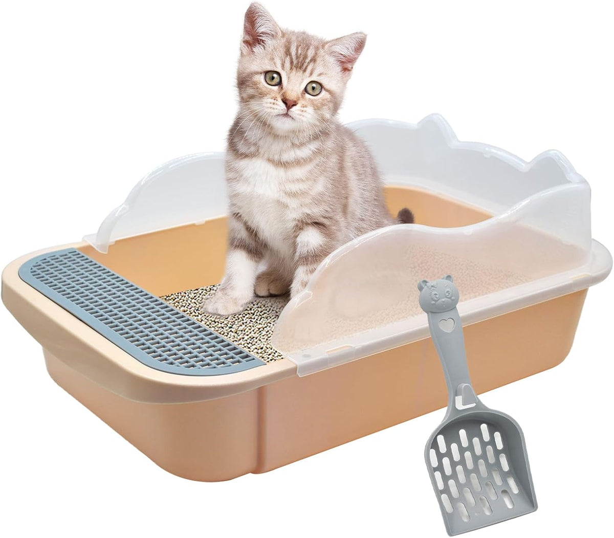 Open Cat Litter Box with High Side,Anti-Splashing Cats Litter Pan Semi-Enclosed Removable Cats Litter Boxes with Litter Sifting Scoop Open Top Kitty Toilet for Easy to Clean(Khaki)