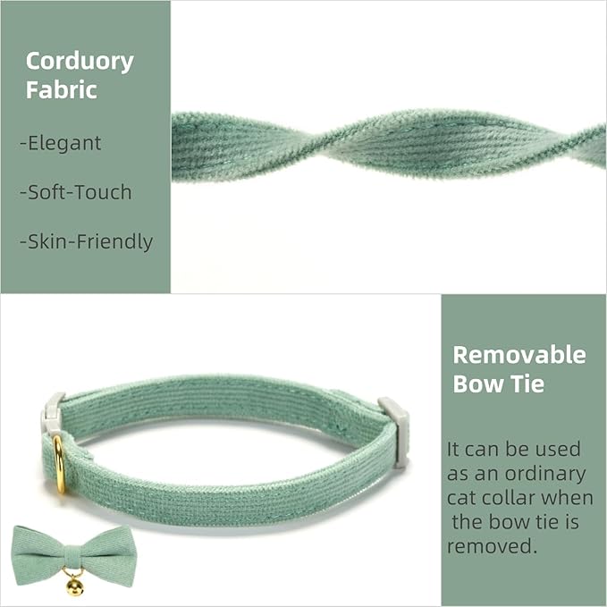 Soft Corduroy Cat Collar with Bell and Bowtie, Safety Breakaway Clasp, - Image 4