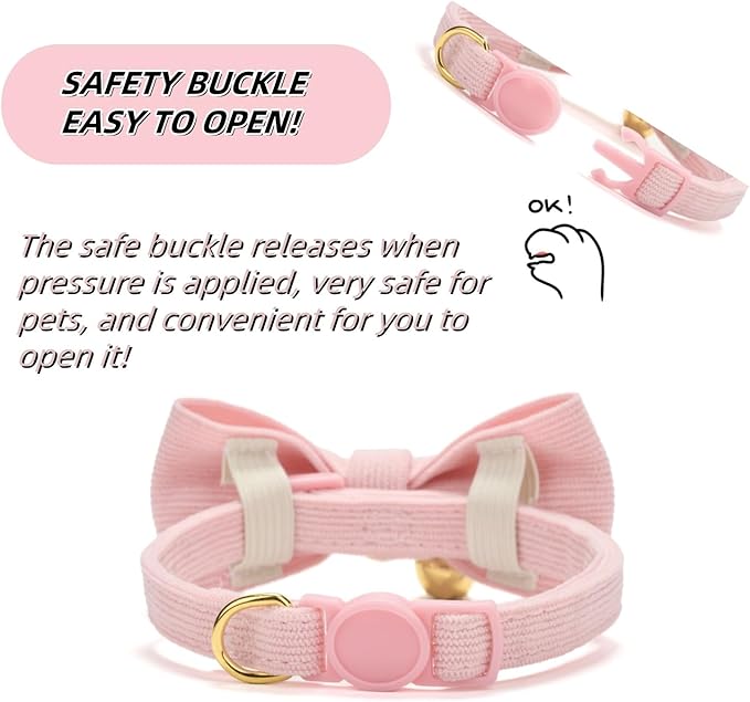 Soft Corduroy Cat Collar with Bell and Bowtie, Safety Breakaway Clasp, - Image 3