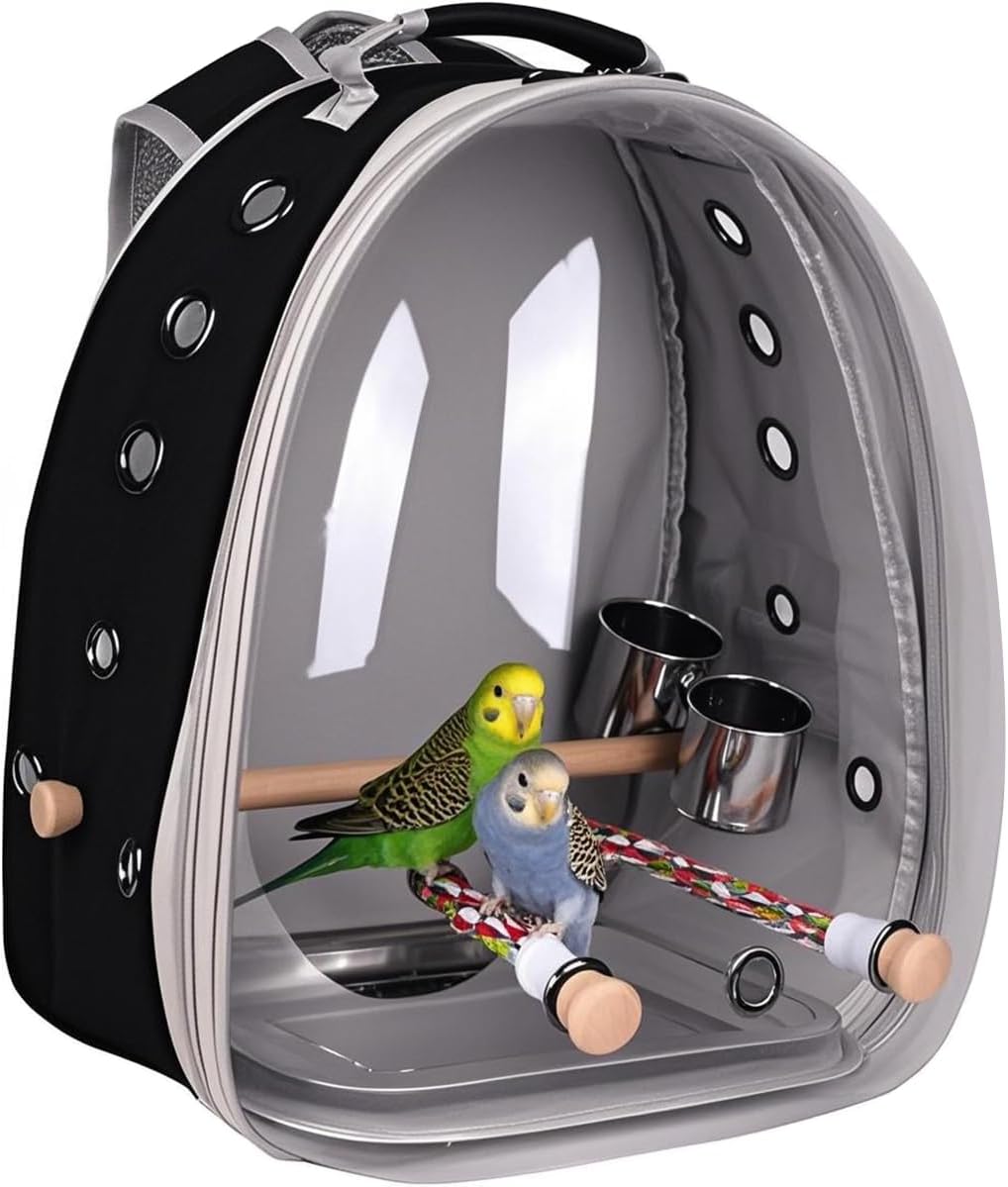 Bird Traval Carrier Cage, Multi Vent Holes Clear Space Capsule Astronaut Backpack to Carry Parakeet Cockatiel Parrot with Metal Tray Wood Perch, Vet Transport Bag